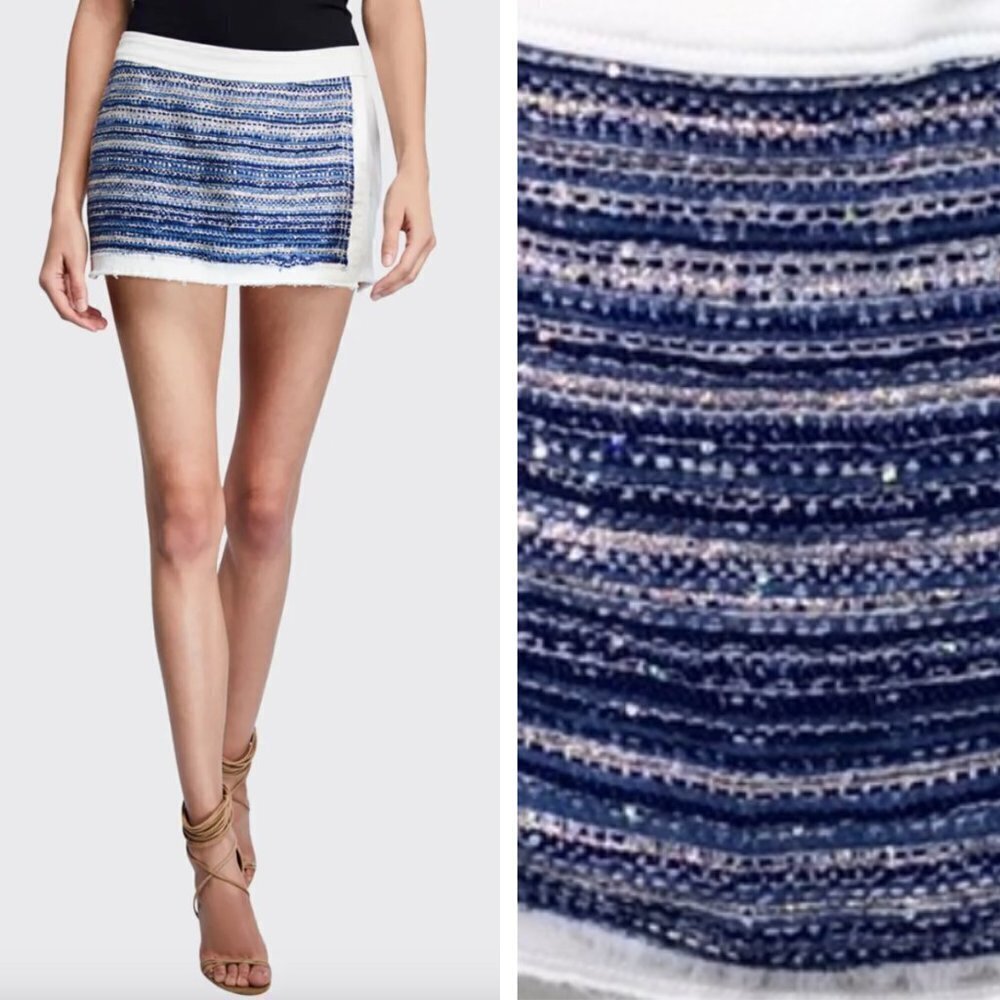 Ramy Brook Georgette Tweed Combo Denim Skort Preppy Raw Hem Sequins